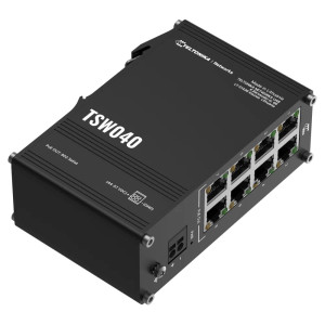 Teltonika TSW040 8-Port Unmanaged Fast Ethernet PoE+ Switch with rugged aluminum housing